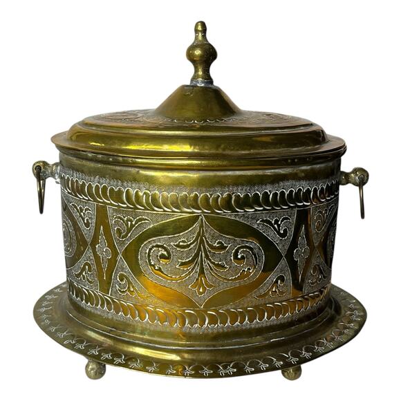 Antique Moroccan Hand Etched Hammered Footed Brass Tea Caddy Early 1900s - Picture 1 of 13